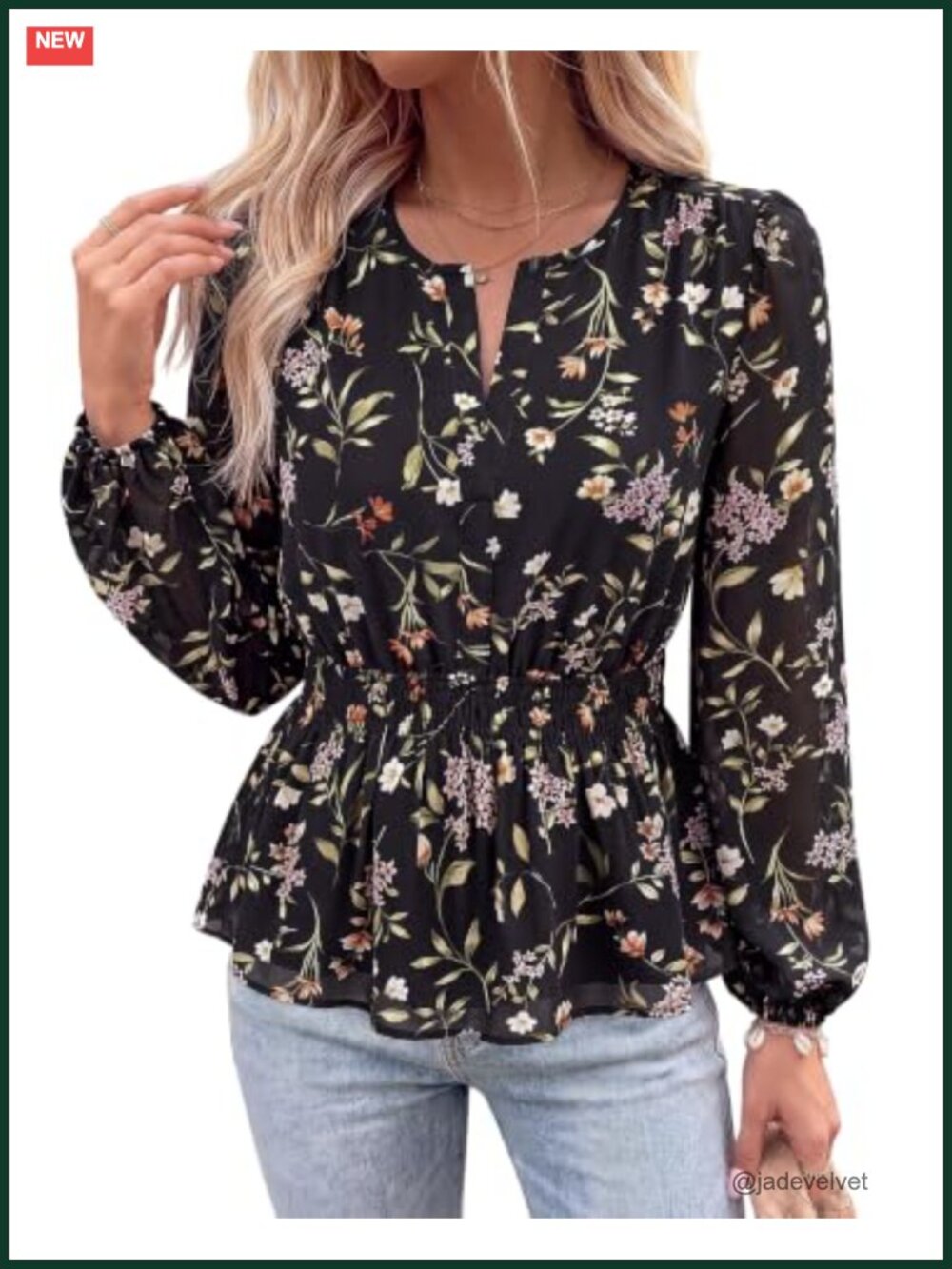 Women's V Neck Floral Chiffon Long Sleeve Peplum Blouse Top